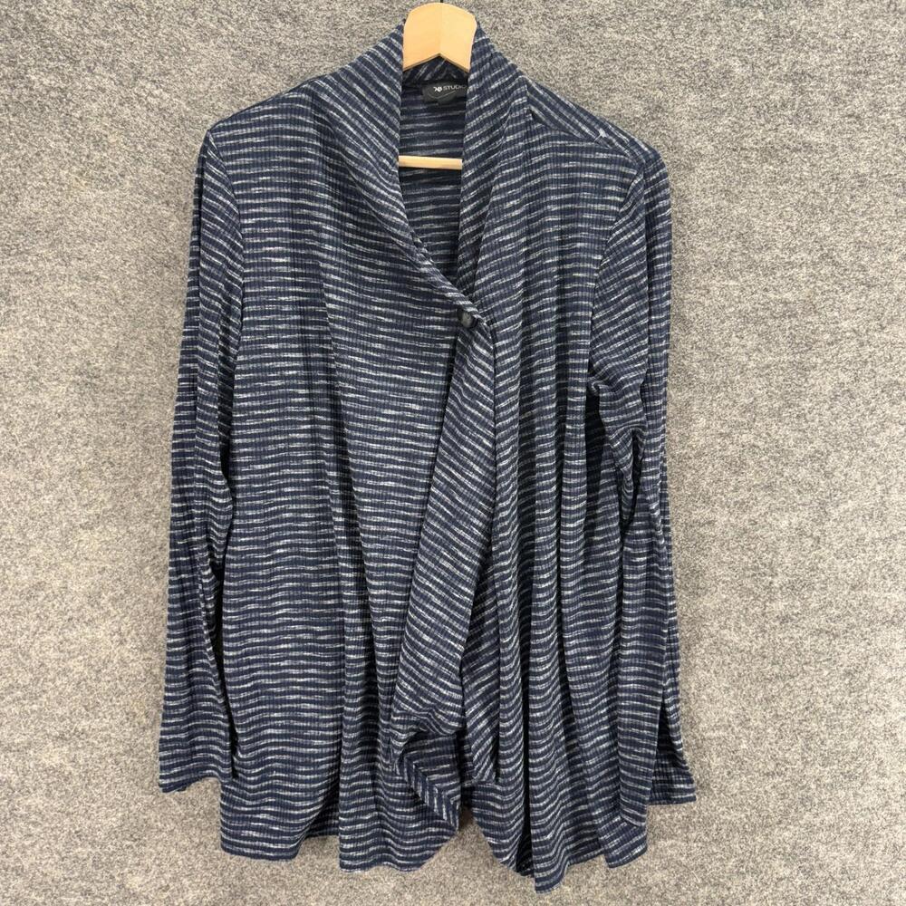 AB Studio Cardigan Women L Large Gray Striped One Button Long Sleeve V-Neck